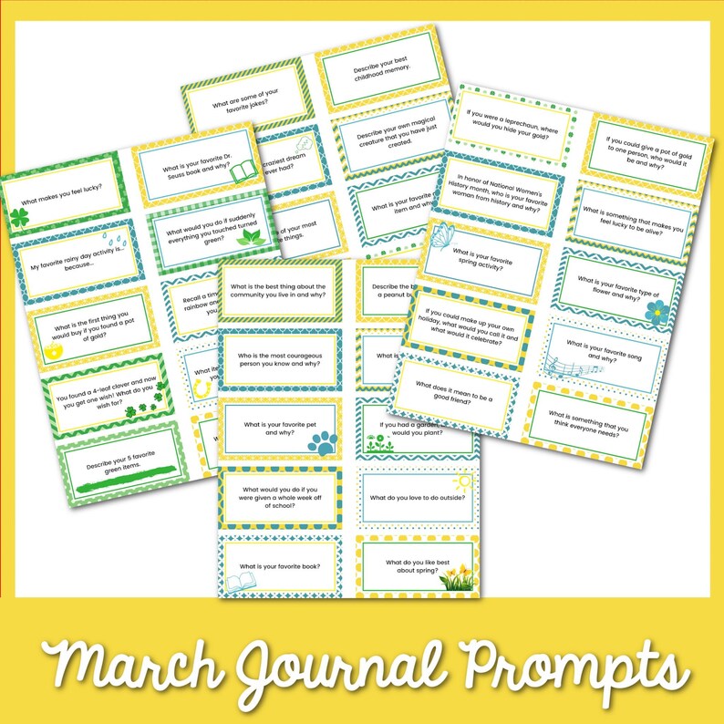 May include: A set of colorful printable journal prompts for March. The prompts are written on cards with green, yellow, and blue stripes. The cards are arranged in a random pattern on a yellow background. The text on the cards includes prompts such as "What is your favorite type of flower?" and "What is your favorite book?"