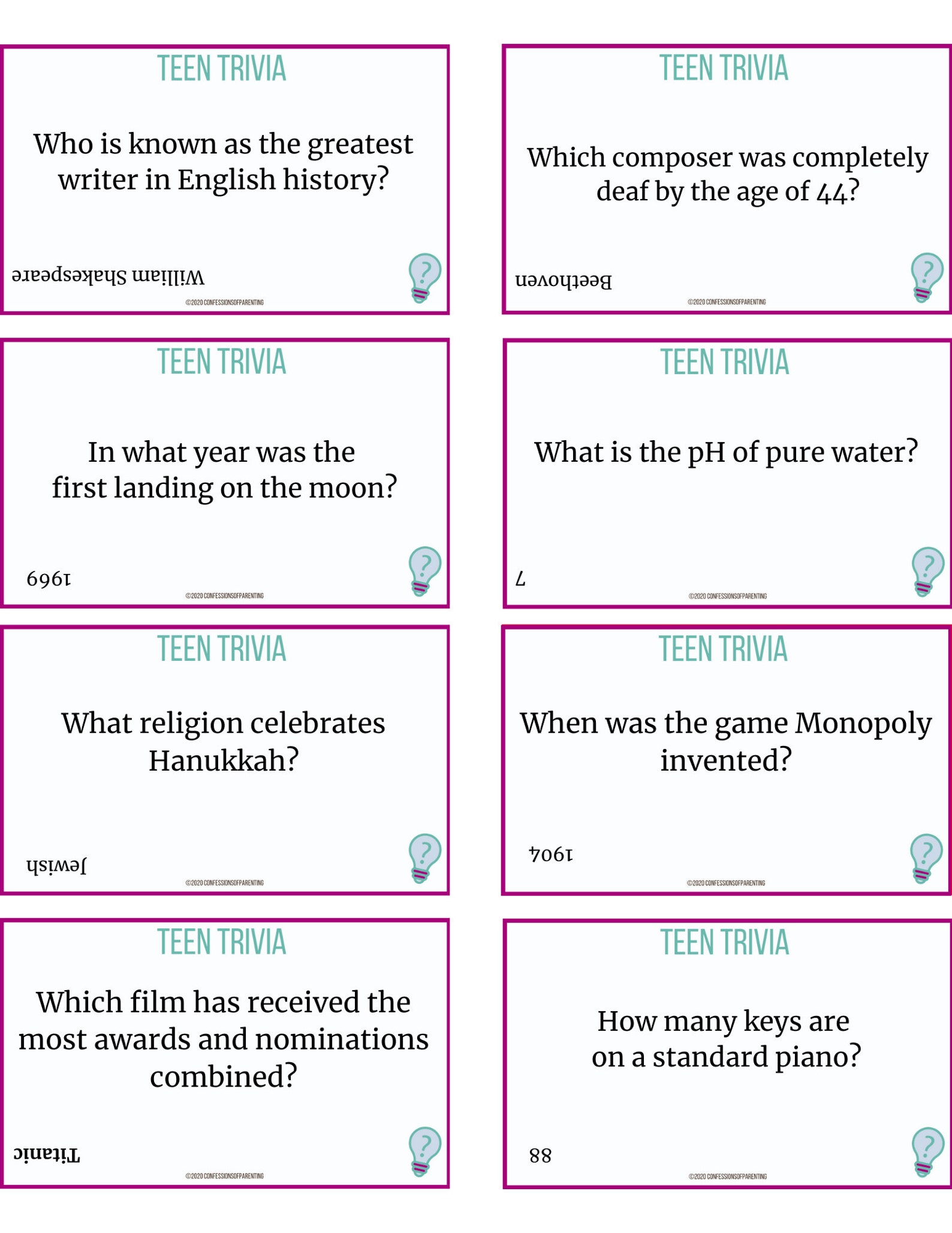 100 Teen Trivia Questions Etsy