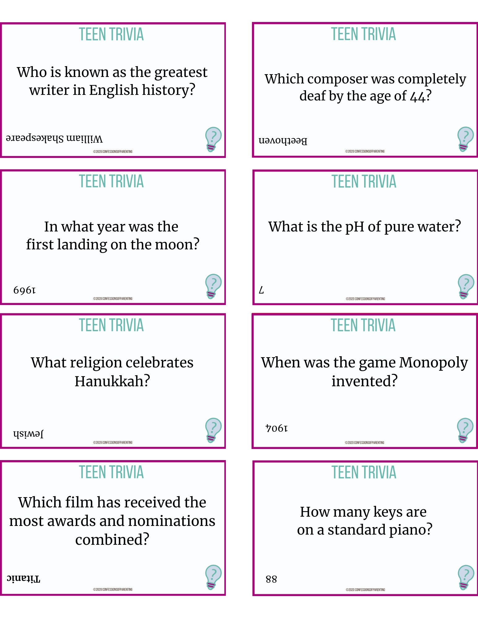 100 Teen Trivia Questions Etsy