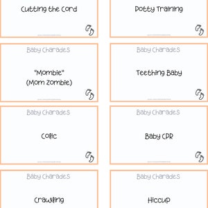 Puede incluir: Un conjunto de ocho tarjetas naranja y blancas con el texto "Baby Charades" y varias ideas de charadas relacionadas con beb&eacute;s, como "Cortar el cord&oacute;n umbilical", "Entrenamiento para ir al ba&ntilde;o", "Beb&eacute; que est&aacute; saliendo los dientes", "C&oacute;lico", "Reanimaci&oacute;n cardiopulmonar para beb&eacute;s", "Gatear" y "Hipo".