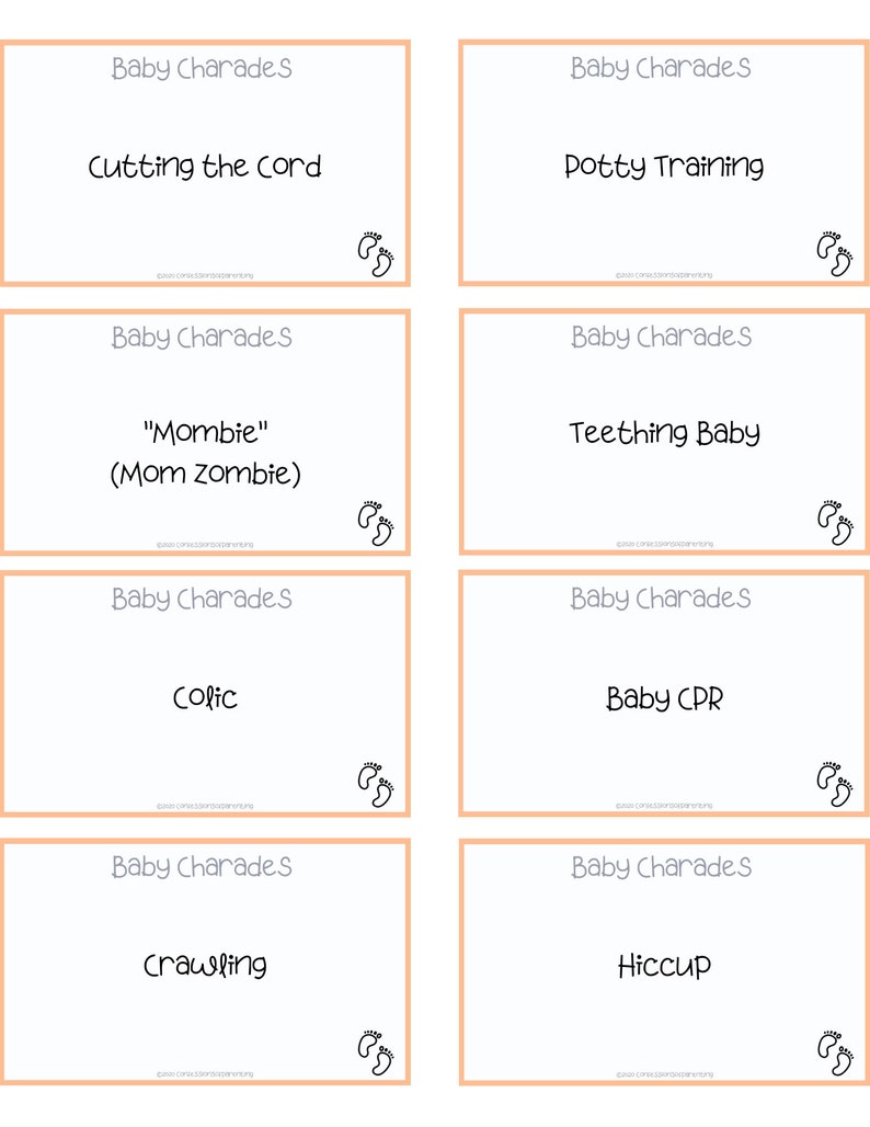 Puede incluir: Un conjunto de ocho tarjetas naranja y blancas con el texto "Baby Charades" y varias ideas de charadas relacionadas con beb&eacute;s, como "Cortar el cord&oacute;n umbilical", "Entrenamiento para ir al ba&ntilde;o", "Beb&eacute; que est&aacute; saliendo los dientes", "C&oacute;lico", "Reanimaci&oacute;n cardiopulmonar para beb&eacute;s", "Gatear" y "Hipo".