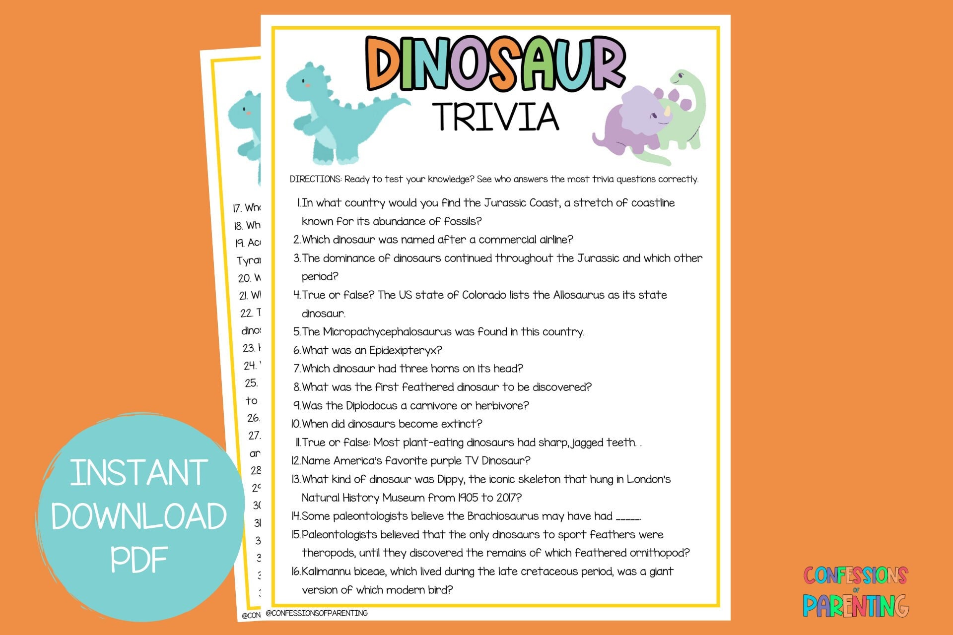 Dinosaur Trivia Trivia for Kids Classroom Trivia Homeschool Trivia
