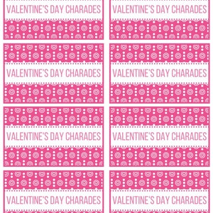 Puede incluir: Ocho tarjetas de charadas de San Valent&iacute;n imprimibles de color rosa con un patr&oacute;n de lunares y corazones blancos. Cada tarjeta tiene el texto "Valentine's Day Charades" impreso en blanco.