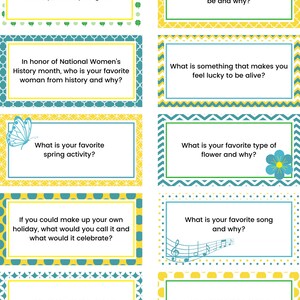 May include: A set of 10 colorful cards with thought-provoking questions for a game or activity. The cards are yellow, green, and blue with white text.
