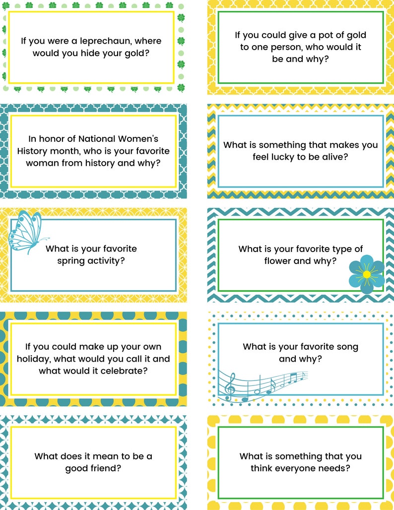 May include: A set of 10 colorful cards with thought-provoking questions for a game or activity. The cards are yellow, green, and blue with white text.