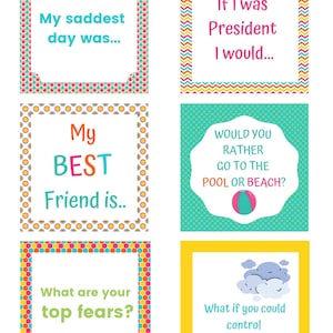 May include: A set of colorful printable cards with prompts for conversation starters. The cards feature different patterns and designs, including watermelon, polka dots, and hexagons. The text on the cards includes questions like "My saddest day was..." and "What are your top fears?"
