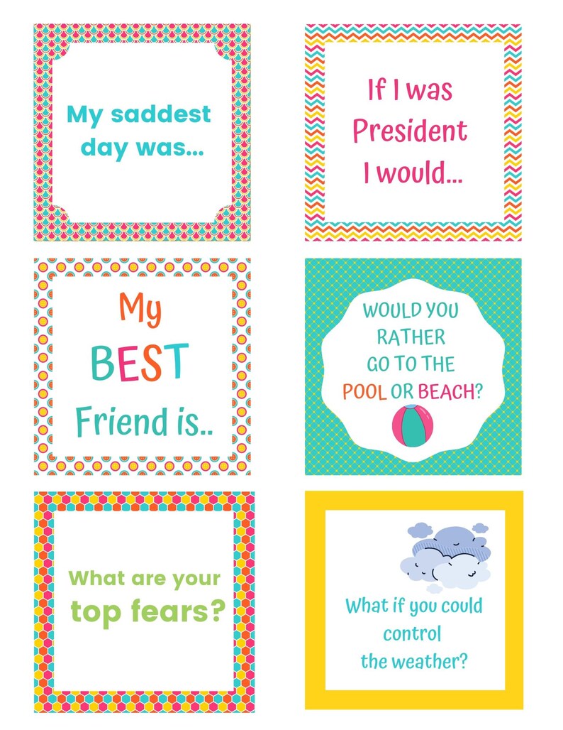 May include: A set of colorful printable cards with prompts for conversation starters. The cards feature different patterns and designs, including watermelon, polka dots, and hexagons. The text on the cards includes questions like "My saddest day was..." and "What are your top fears?"