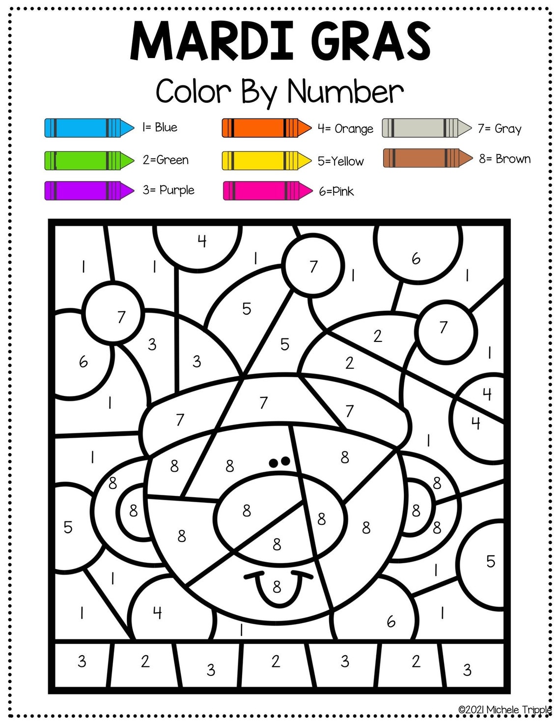 Mardi Gras Color by Number Activity for Kindergarten, Coloring Guide