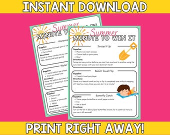 25 Summer Minute to Win It Game |  Summer Games for Families and Classrooms | Summer-Themed Minute to Win It  Printable Party Games for Kids