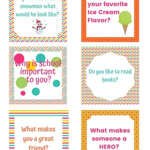 May include: Six colorful cards with different questions for a game or activity. The questions are: "If you could build a snowman what would he look like?", "What is your favorite Ice Cream Flavor?", "Why is school important to you?", "Do you like to read books?", "What makes you a great friend?", and "What makes someone a HERO?"