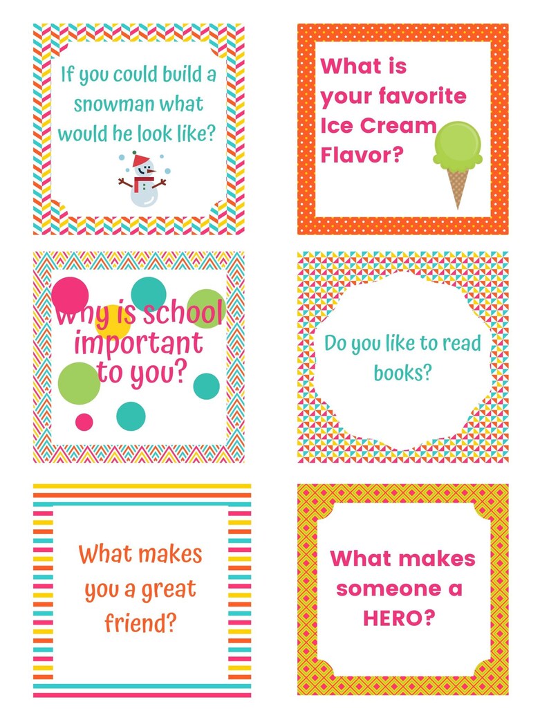 May include: Six colorful cards with different questions for a game or activity. The questions are: "If you could build a snowman what would he look like?", "What is your favorite Ice Cream Flavor?", "Why is school important to you?", "Do you like to read books?", "What makes you a great friend?", and "What makes someone a HERO?"