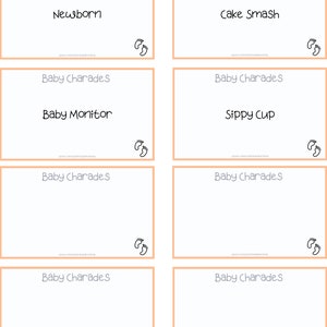 Puede incluir: Un conjunto de ocho tarjetas de juego de baby shower imprimibles con el t&iacute;tulo "Baby Charades" y un icono de huella. Las tarjetas tienen espacios en blanco para que los jugadores escriban sus propias ideas de charadas sobre el tema de los beb&eacute;s.