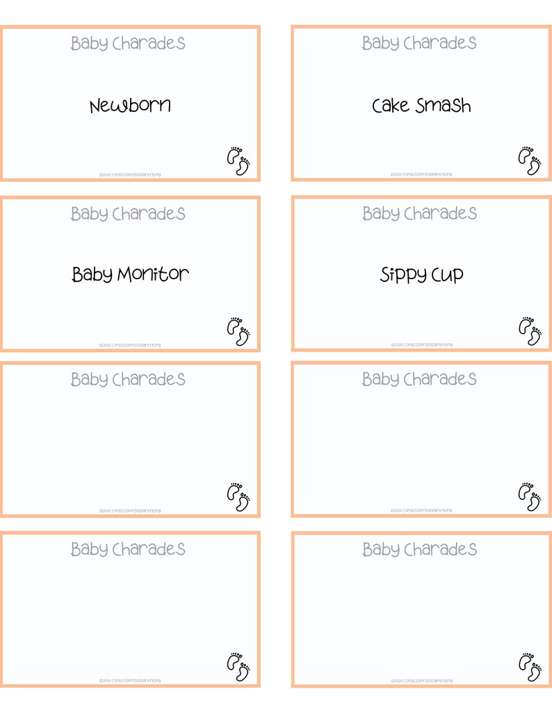 Puede incluir: Un conjunto de ocho tarjetas de juego de baby shower imprimibles con el t&iacute;tulo "Baby Charades" y un icono de huella. Las tarjetas tienen espacios en blanco para que los jugadores escriban sus propias ideas de charadas sobre el tema de los beb&eacute;s.