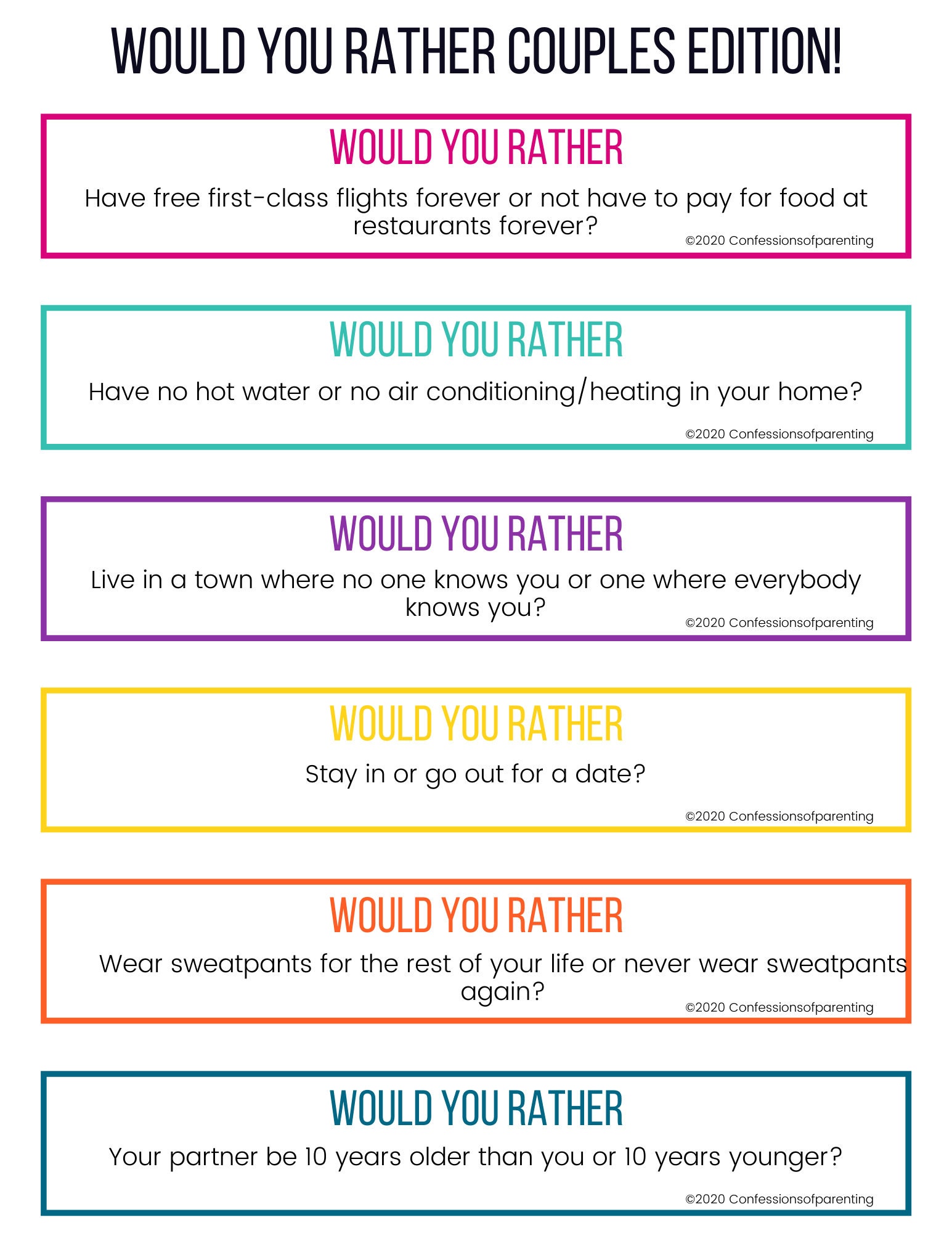 100 Would You Rather Questions for Couples Journal (Instant Download) 