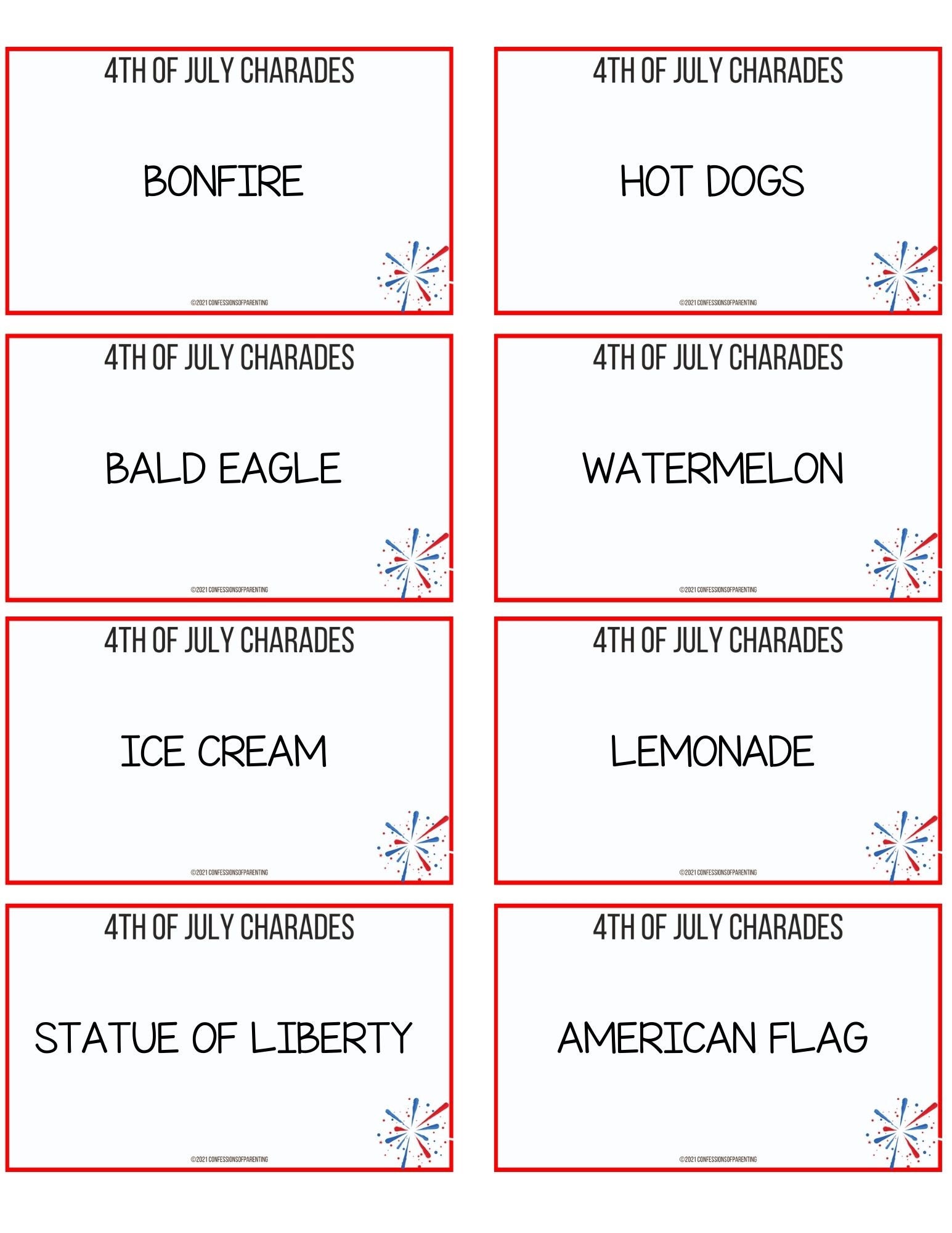4th of July Charades for Kids Printable 4th of July Charades - Etsy