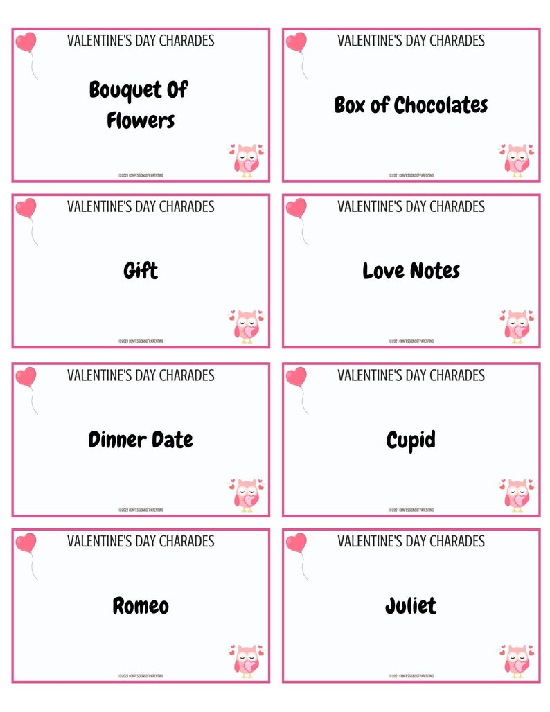 Puede incluir: Ocho tarjetas rosas y blancas con un globo de coraz&oacute;n rosa y un b&uacute;ho de dibujos animados con corazones. Cada tarjeta tiene el texto "Valentine's Day Charades" y una palabra o frase tem&aacute;tica de San Valent&iacute;n: Ramo de flores, Caja de chocolates, Regalo, Notas de amor, Cena rom&aacute;ntica, Cupido, Romeo, Julieta.