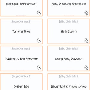 Puede incluir: Un conjunto de ocho tarjetas de juego de charadas para baby shower imprimibles con el t&iacute;tulo "Baby Charades" y varias indicaciones de charadas relacionadas con beb&eacute;s, como "Tener una contracci&oacute;n", "A prueba de beb&eacute;s la casa", "Tiempo de barriga", "Acidez estomacal", "Doblar el cochecito", "Usar talco para beb&eacute;s", "Bolsa de pa&ntilde;ales" y "Beb&eacute; pateando en el vientre".