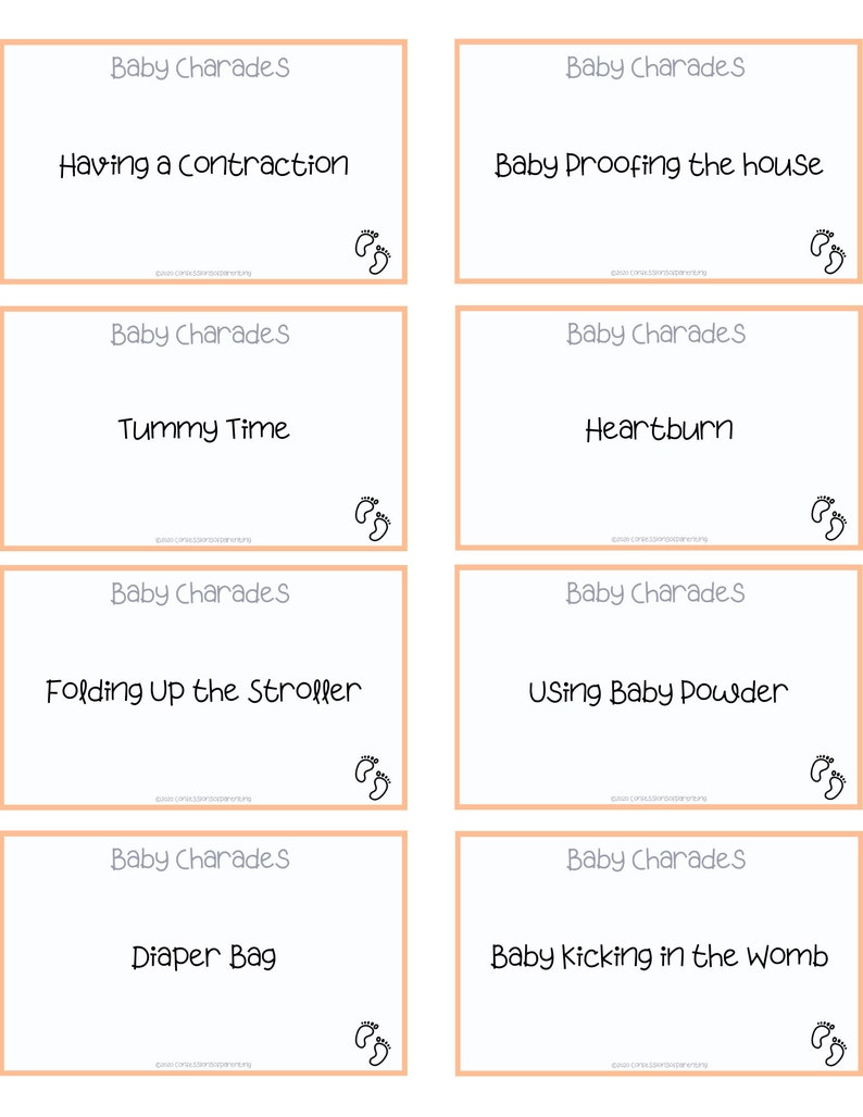 Puede incluir: Un conjunto de ocho tarjetas de juego de charadas para baby shower imprimibles con el t&iacute;tulo "Baby Charades" y varias indicaciones de charadas relacionadas con beb&eacute;s, como "Tener una contracci&oacute;n", "A prueba de beb&eacute;s la casa", "Tiempo de barriga", "Acidez estomacal", "Doblar el cochecito", "Usar talco para beb&eacute;s", "Bolsa de pa&ntilde;ales" y "Beb&eacute; pateando en el vientre".