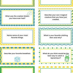May include: A set of ten printable St. Patrick's Day game cards with green, yellow, and blue borders. The cards feature questions about favorite jokes, childhood memories, dreams, magical creatures, favorite things, clothing, breakfast, leprechauns, and St. Patrick's Day traditions.