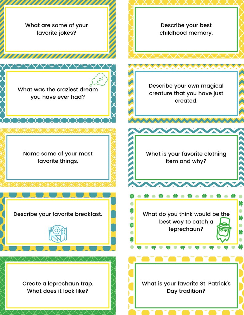 May include: A set of ten printable St. Patrick's Day game cards with green, yellow, and blue borders. The cards feature questions about favorite jokes, childhood memories, dreams, magical creatures, favorite things, clothing, breakfast, leprechauns, and St. Patrick's Day traditions.