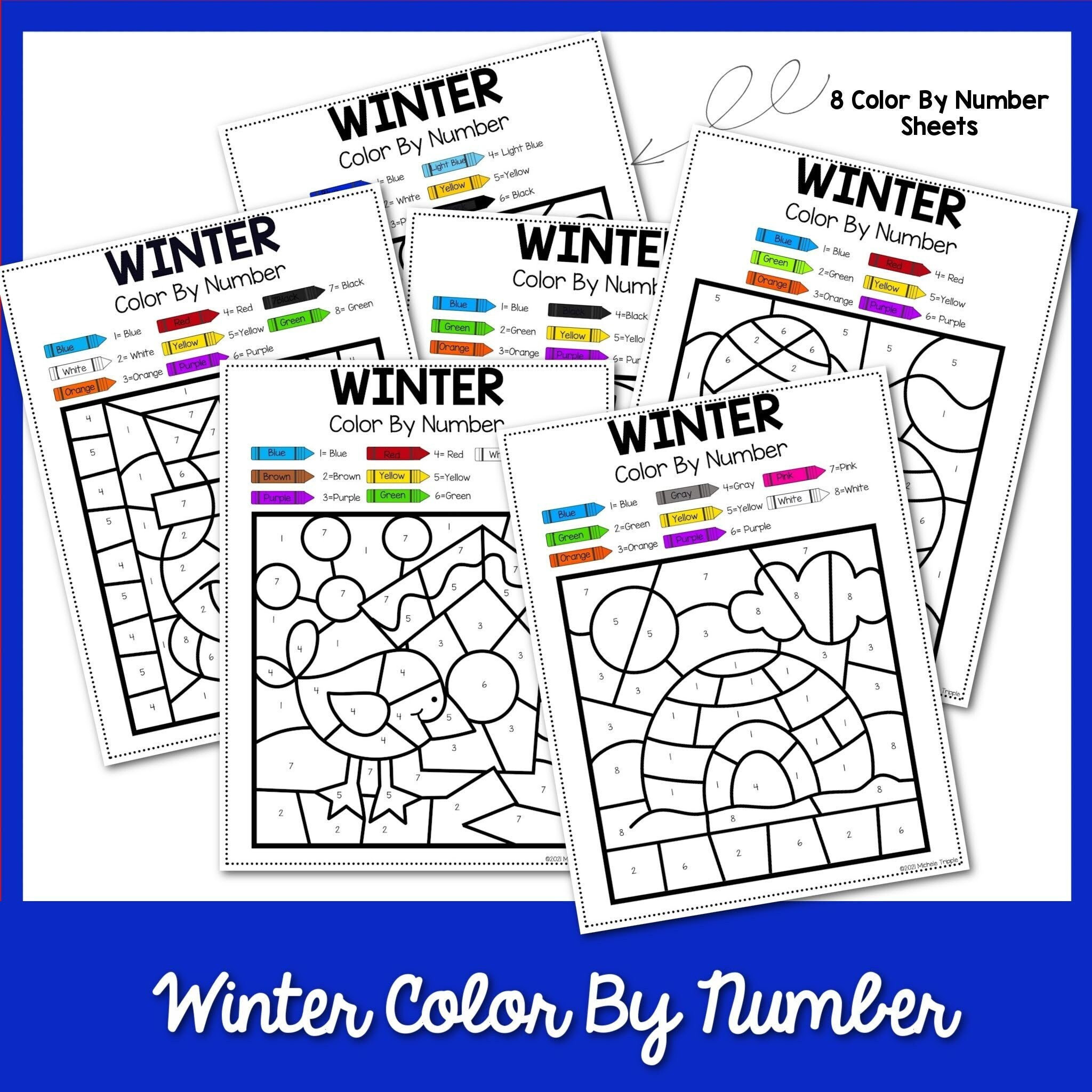 8 Winter Color by Number Color by Number Worksheets Color by Number