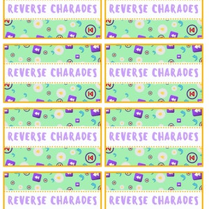 Peut inclure: Huit cartes de jeu imprimables avec un fond vert et un motif r&eacute;p&eacute;t&eacute; d'ic&ocirc;nes violettes et blanches. Les cartes ont une bordure jaune et le texte "REVERSE CHARADES" en lettres violettes.