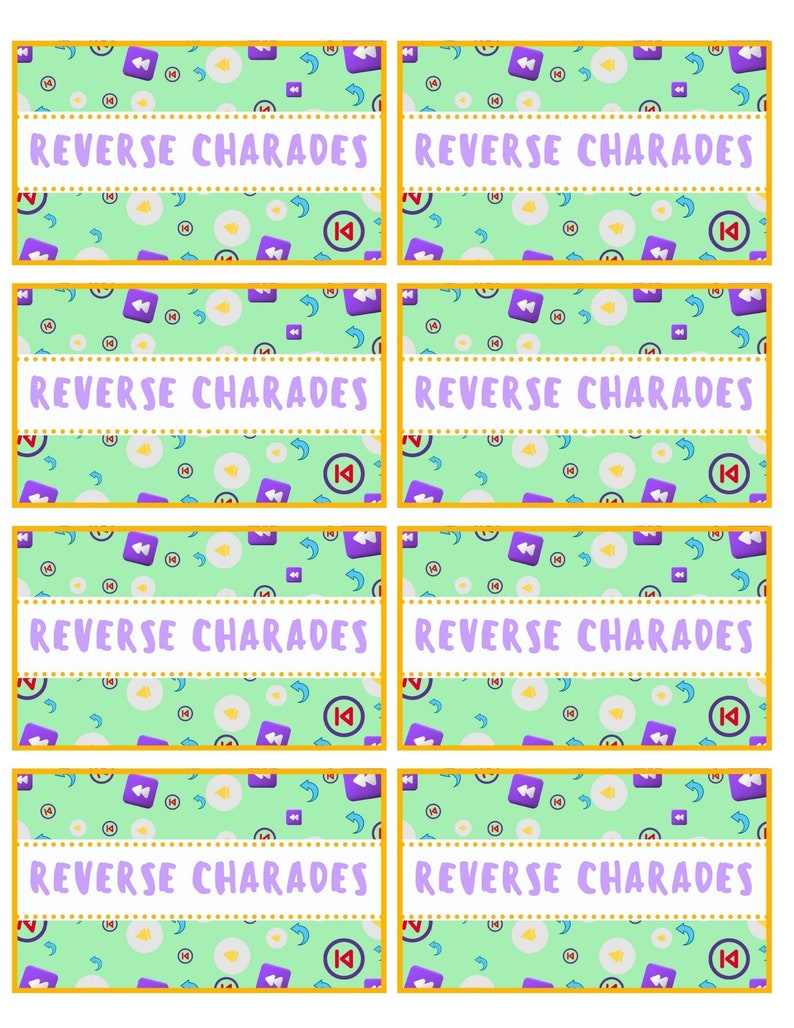 Peut inclure: Huit cartes de jeu imprimables avec un fond vert et un motif r&eacute;p&eacute;t&eacute; d'ic&ocirc;nes violettes et blanches. Les cartes ont une bordure jaune et le texte "REVERSE CHARADES" en lettres violettes.