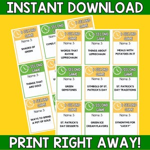 May include: A printable St. Patrick's Day game with 12 cards. Each card has a green and white clock with the text "5 Second Game" and a different St. Patrick's Day themed challenge for players to complete.