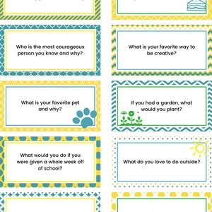 May include: A set of 10 colorful cards with conversation starter questions printed on them. The cards are decorated with different patterns and designs, including a peanut butter sandwich, a paw print, a flower, a book, and a sun.