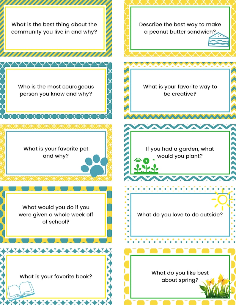 May include: A set of 10 colorful cards with conversation starter questions printed on them. The cards are decorated with different patterns and designs, including a peanut butter sandwich, a paw print, a flower, a book, and a sun.