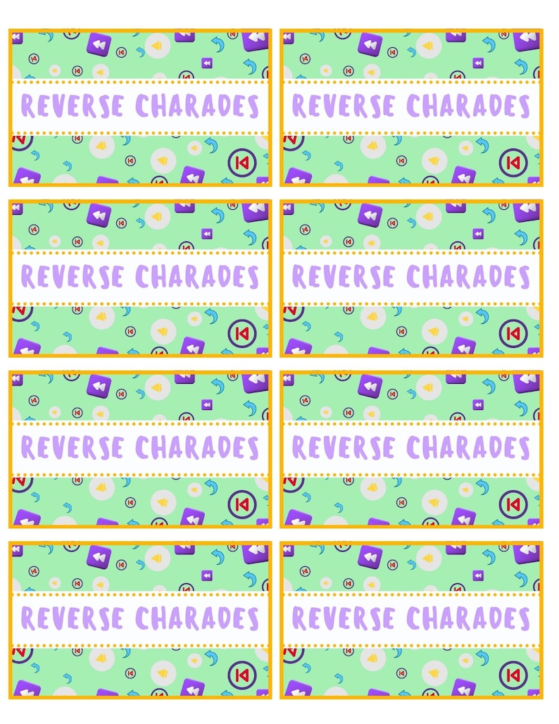 Peut inclure: Huit cartes de jeu imprimables avec un fond vert clair et un motif r&eacute;p&eacute;t&eacute; d'ic&ocirc;nes violettes et blanches. Les cartes ont une bordure jaune et le texte "REVERSE CHARADES" en lettres violettes.