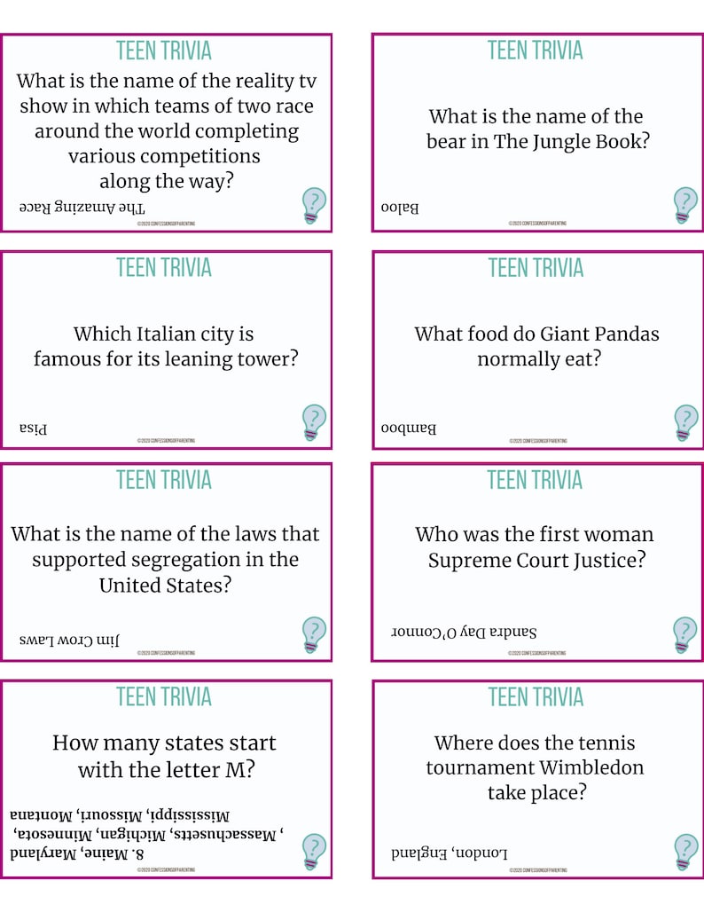 100 Teen Trivia Questions Etsy