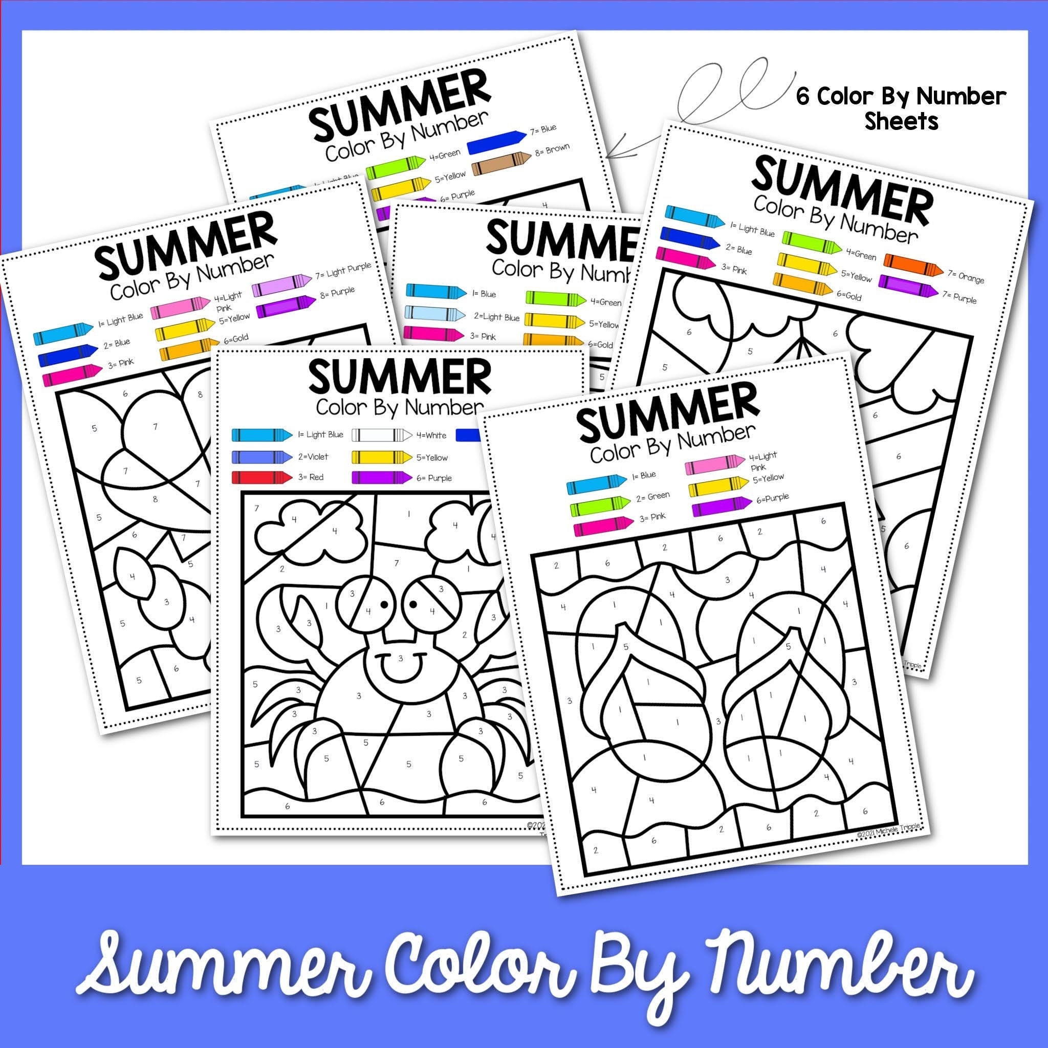 Summer Color by Number Activity for Kindergarten, Back to School Activity, Summer Themed Coloring Sheets