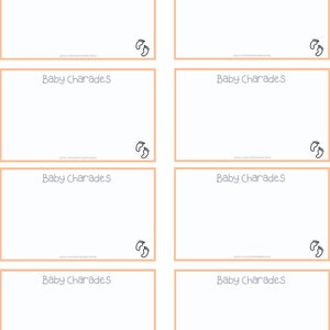 Puede incluir: Ocho tarjetas en blanco con el texto "Baby Charades" impreso en cada tarjeta. Cada tarjeta tiene un par de huellas en la esquina inferior derecha.