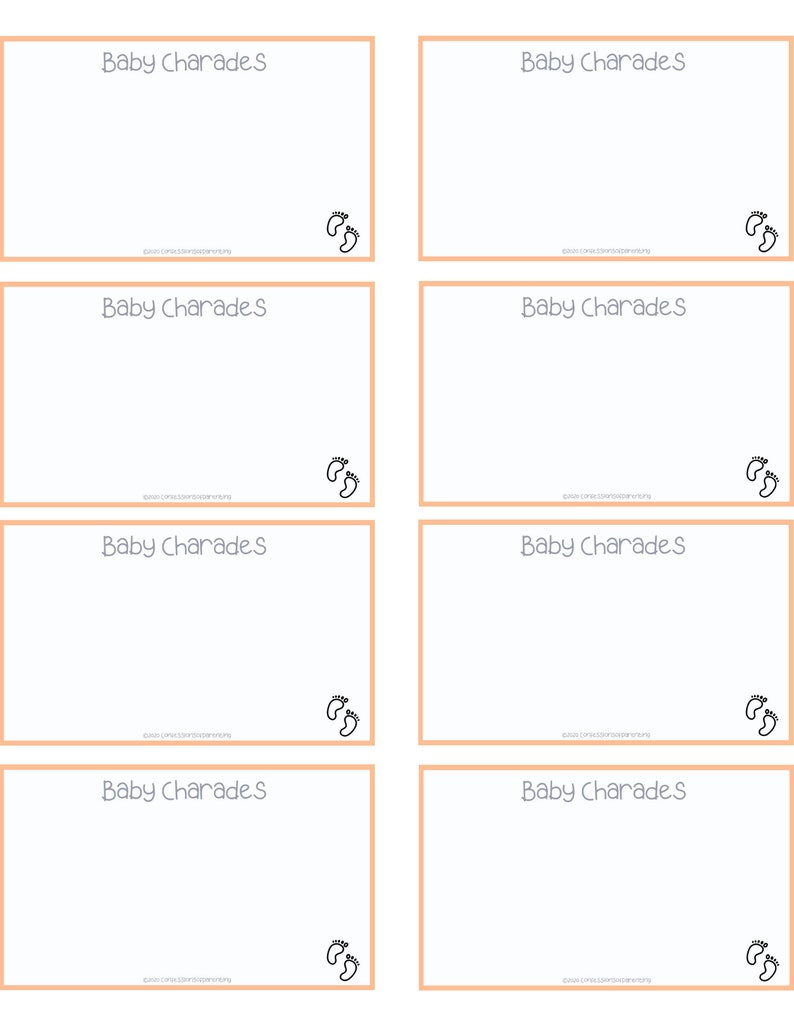 Puede incluir: Ocho tarjetas en blanco con el texto "Baby Charades" impreso en cada tarjeta. Cada tarjeta tiene un par de huellas en la esquina inferior derecha.