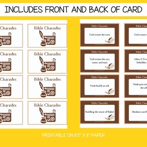 May include: Printable Bible Charades game cards with brown and white illustrations. The cards feature Bible stories like God creating the trees, Adam and Eve eating the forbidden fruit, and Noah building the ark. The cards are designed to be printed on 8.5 x 11 inch paper.