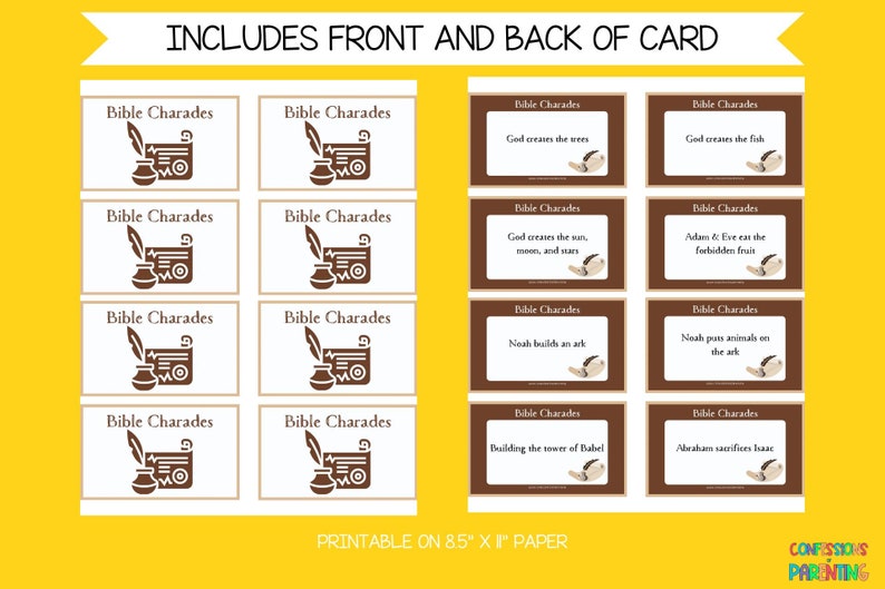 May include: Printable Bible Charades game cards with brown and white illustrations. The cards feature Bible stories like God creating the trees, Adam and Eve eating the forbidden fruit, and Noah building the ark. The cards are designed to be printed on 8.5 x 11 inch paper.