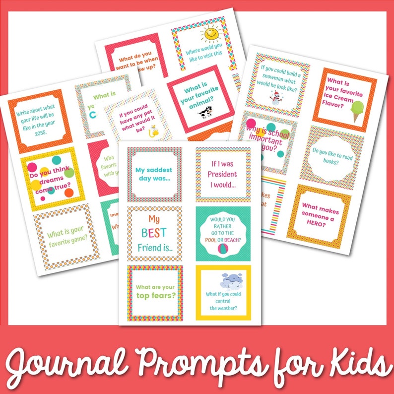 May include: Colorful printable journal prompts for kids with questions like "What is your favorite animal?" and "What makes someone a hero?"