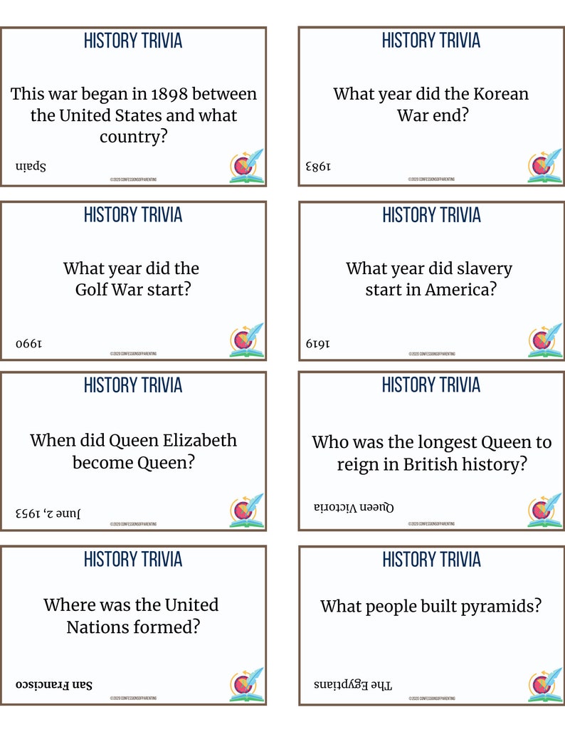 50 History Trivia Questions for Kids Etsy