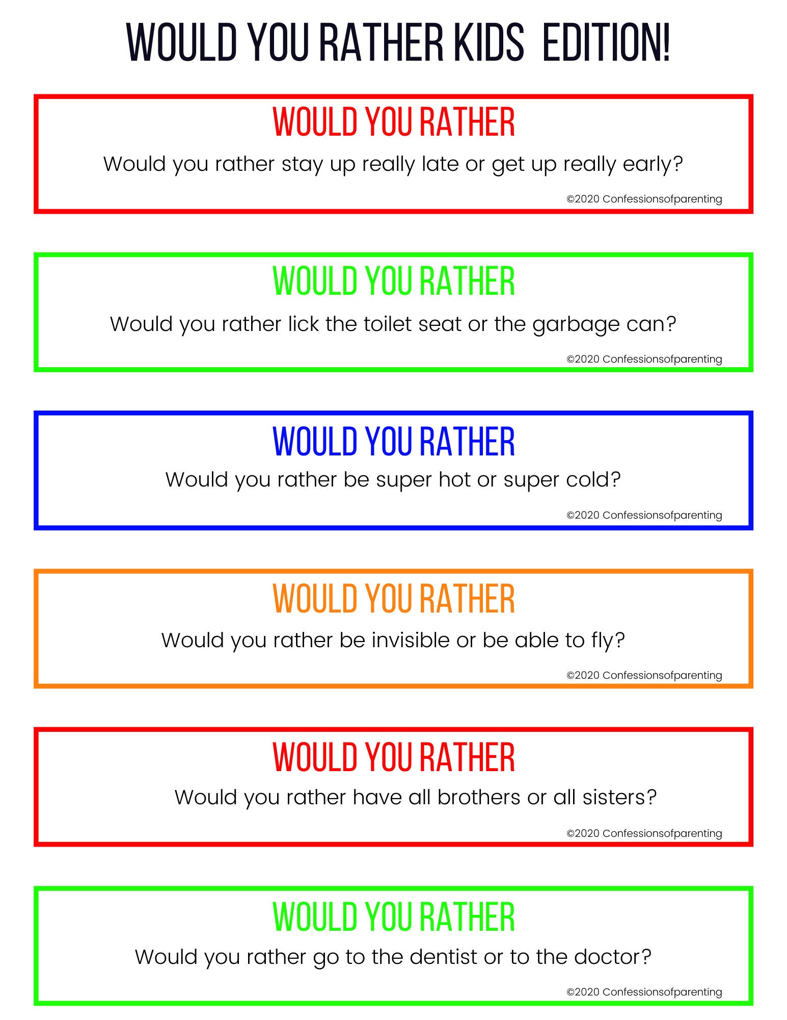 60 Would You Rather Questions for Kids Journal Prompts Story - Etsy ...