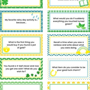May include: A set of 10 printable St. Patrick's Day conversation starter cards with green, yellow, and blue backgrounds. The cards feature questions about lucky charms, favorite memories, and green items.