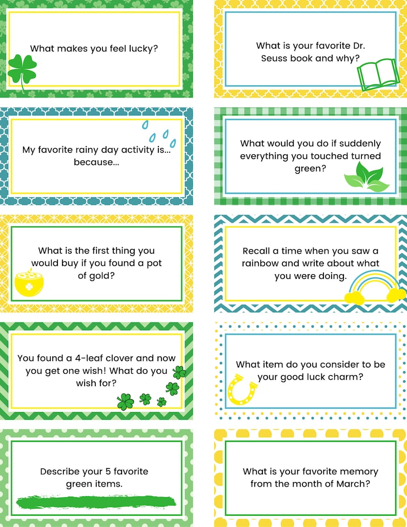 May include: A set of 10 printable St. Patrick's Day conversation starter cards with green, yellow, and blue backgrounds. The cards feature questions about lucky charms, favorite memories, and green items.