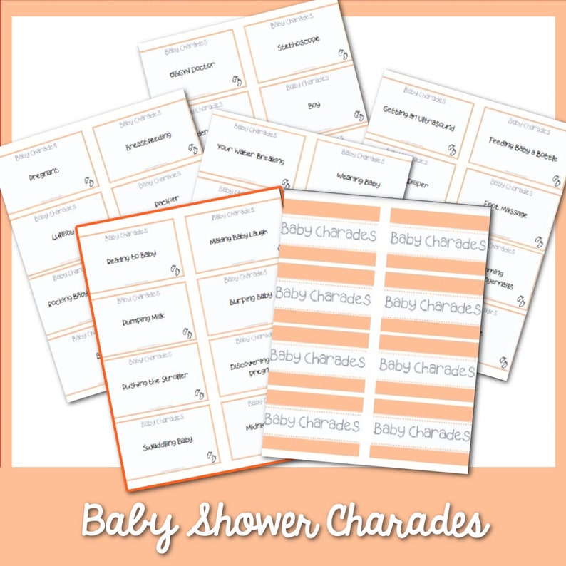 Puede incluir: Un conjunto de tarjetas de charadas para baby shower imprimibles con fondos de color melocot&oacute;n y texto blanco. Las tarjetas presentan varias actividades relacionadas con los beb&eacute;s, como "dar el pecho", "mecer al beb&eacute;", "vestir al beb&eacute;", "hacerse una ecograf&iacute;a" y "darle el biber&oacute;n al beb&eacute;".