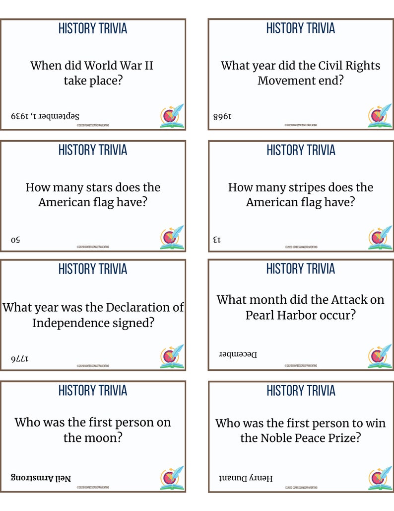 50 History Trivia Questions for Kids - Etsy
