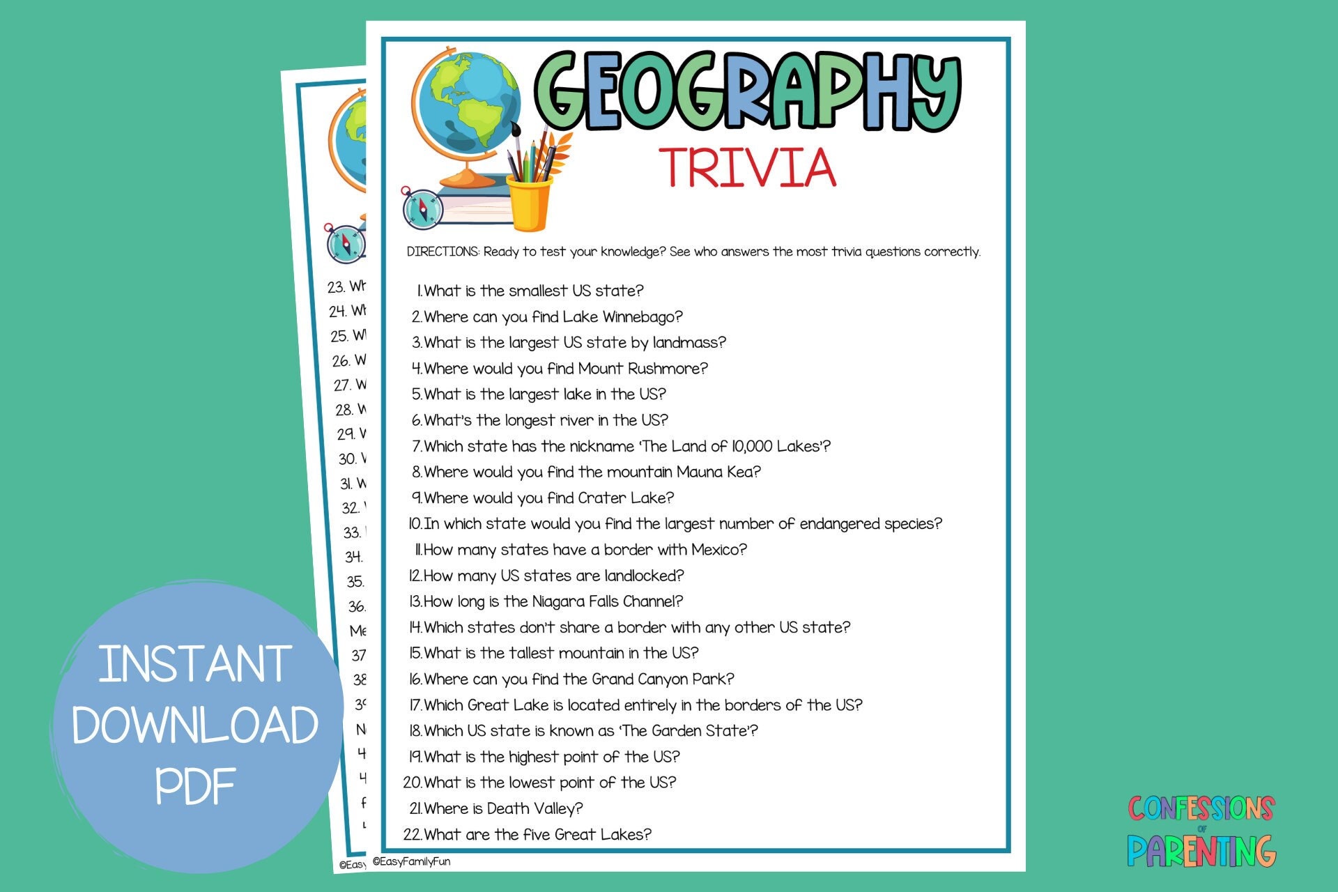 120 Geography Trivia Questions | Trivia for the Classroom | Homeschool Trivia | Printable Trivia Games | World Geography Trivia for Kids