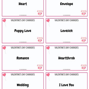 Puede incluir: Juego de charadas para el D&iacute;a de San Valent&iacute;n con ocho cartas que representan corazones rosas y b&uacute;hos. Las cartas tienen las siguientes palabras: Coraz&oacute;n, Sobre, Amor de cachorro, Enamorado, Romance, Gal&aacute;n, Boda, Te amo.