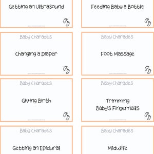 Puede incluir: Un conjunto de ocho tarjetas de charadas para beb&eacute;s imprimibles con fondo melocot&oacute;n y texto blanco. Las tarjetas presentan actividades relacionadas con los beb&eacute;s, como hacerse una ecograf&iacute;a, alimentar al beb&eacute; con biber&oacute;n, cambiar el pa&ntilde;al, el masaje de pies, el parto, recortar las u&ntilde;as del beb&eacute;, ponerse una epidural y la matrona.