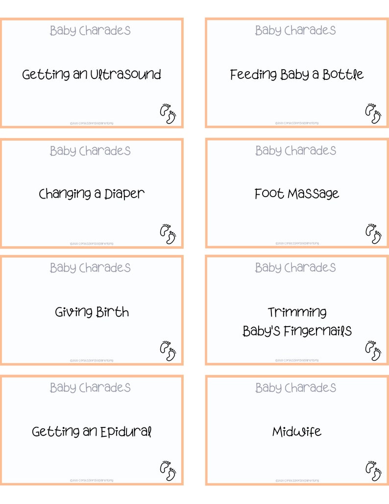 Puede incluir: Un conjunto de ocho tarjetas de charadas para beb&eacute;s imprimibles con fondo melocot&oacute;n y texto blanco. Las tarjetas presentan actividades relacionadas con los beb&eacute;s, como hacerse una ecograf&iacute;a, alimentar al beb&eacute; con biber&oacute;n, cambiar el pa&ntilde;al, el masaje de pies, el parto, recortar las u&ntilde;as del beb&eacute;, ponerse una epidural y la matrona.