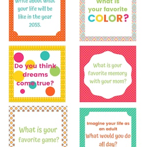 May include: Six colorful cards with questions for a game. The cards have different patterns and colors, including orange, yellow, pink, and blue. The questions include "What is your favorite color?" and "Do you think dreams come true?"