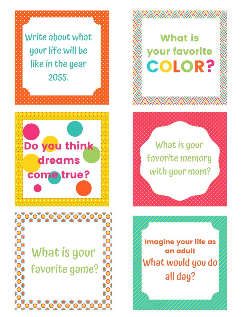 May include: Six colorful cards with questions for a game. The cards have different patterns and colors, including orange, yellow, pink, and blue. The questions include "What is your favorite color?" and "Do you think dreams come true?"
